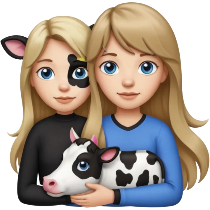 Apple-style emoji sticker of a young woman with long dark blond hair and bang, blue eyes , holding a cat black and white like a cow patch on her chest.  emoji