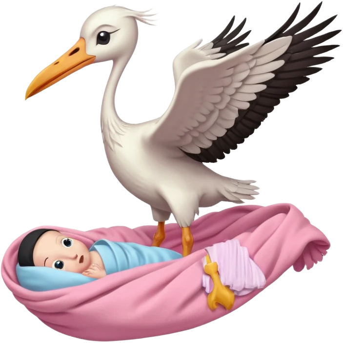 Flying white Stork carrying a human baby in a bundle emoji