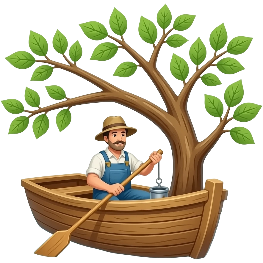 a fisherman in a boat snagged in a tree far away emoji