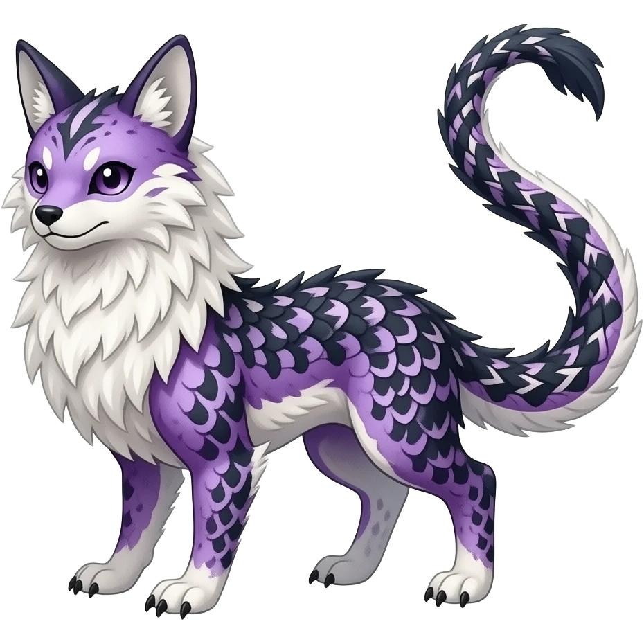 Grunge-patterned watercolor-patterned feathery elegant realistic Furry, feathery fluffy tropical flecked painted feathery scaly, Purple, white, black, Minccino-Bambino-Lykoi-Linoone-Zangoose-fusion-hybrid-animal-Fakémon-creature, full body, thin long sleek scaly tail, intricate markings emoji