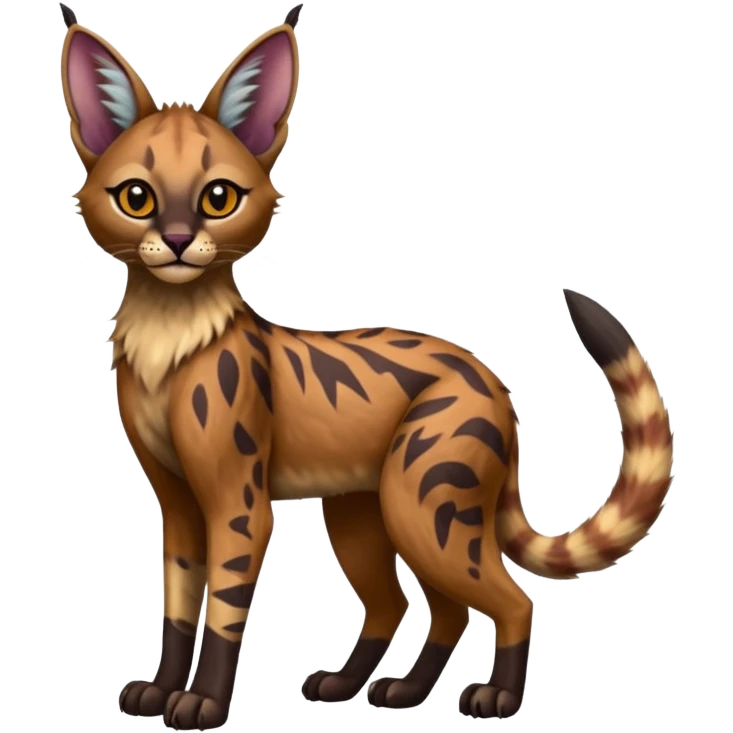A Colorful  exotic tropical tribal cute happy realistic esoteric patterned fluffy furry dark caracal-Lykoi-bobcat-sphynx-genet-serval-Fakémon-fursona-hybrid-fusion-animal-creature, full body, 4-legged emoji
