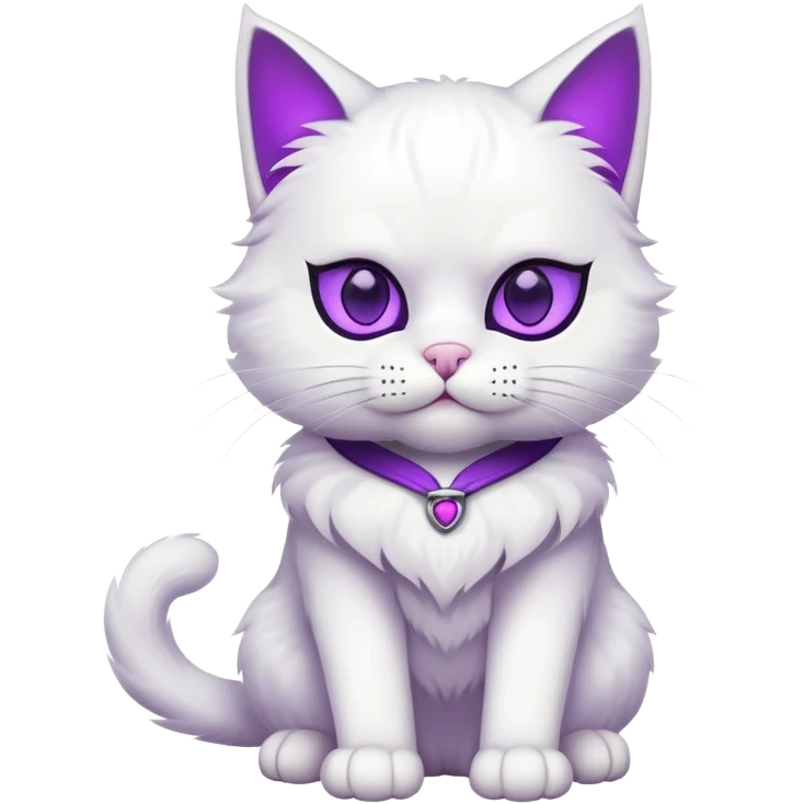 white cat full body sitting with a mask and purple eyes emoji