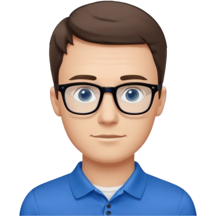 Scott The Woz Young white man, late 20s, short brown hair, blue eyes, clean-shaven, thin black rectangular glasses, slim build, wearing a blue polo shirt, friendly and energetic look. emoji