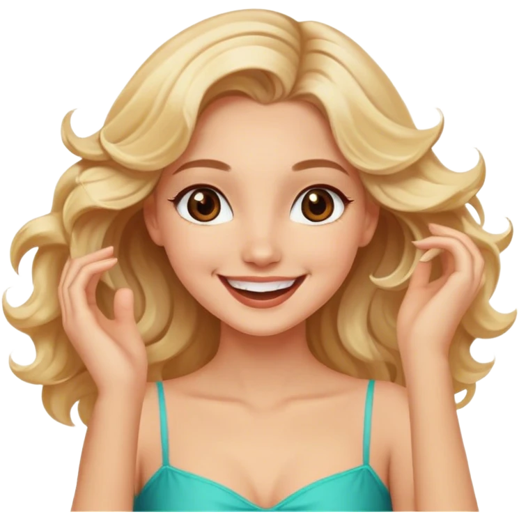 Pretty blonde model, brown eyes, soft wavy hair, super excited and happy dance emoji