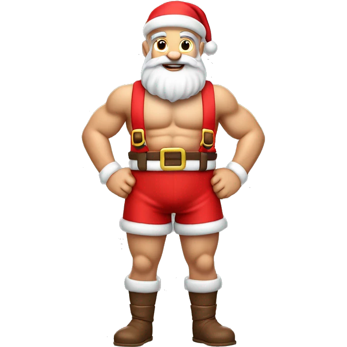 “An athletic, muscular Santa Claus figure with brown hair, wearing only bright red boxer shorts supported by suspenders. Render as a simplified emoji-style character, with minimal shading, a cheerful expression, and a clean, cartoon-like appearance.” emoji