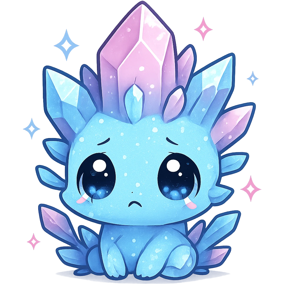 chibi kawaii crystal sprite creature, blue and pink crystals, big sad eyes, sparkling, cute and tiny emoji