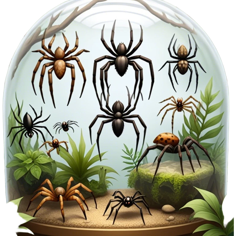 Collage of various spiders, including tarantulas and other exotic species, inside a  terrarium with webs and natural décor. Close-up shots of their intricate legs, eyes, and fuzzy bodies. Soft lighting, transparent background. emoji