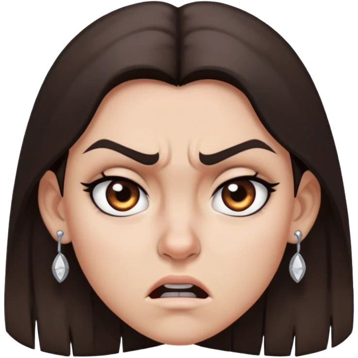 angry girl with dark brown hair below shoulders, grey eyes, earring on right side of nose, pierced ears emoji