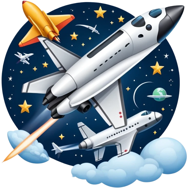An icon featuring a space shuttle, a drone, and an airplane against a starry sky, symbolizing aerospace technology. The design includes rocket boosters and satellite orbits, representing the exploration of space and advanced aviation. Transparent background emoji