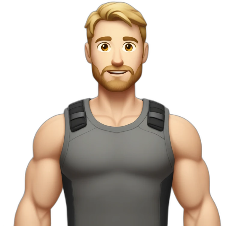 Full height Pale skinned fit man With biceps, Realistic eyes and mouth, light brown hair and stubble In dark gray sleeveless mike, black oversize sports shorts, watch and white sneakers. emoji