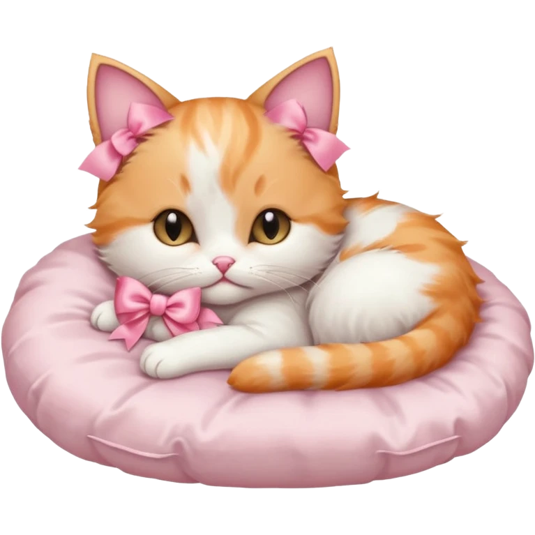 light orange and white kitten with a satin pink bow sleeping on a satin white cat  ed emoji