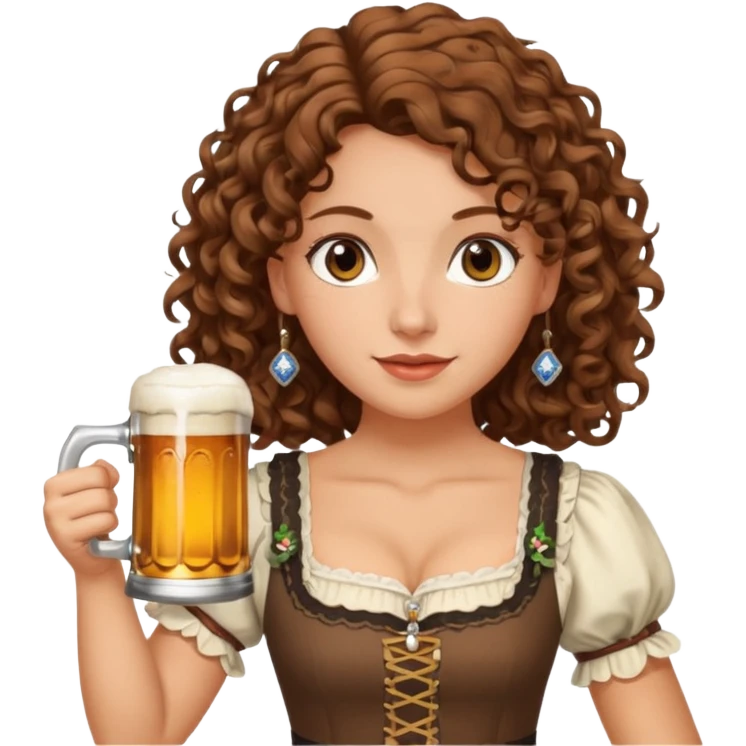 A white woman with brown, shoulder-length curly hair and brown eyes she is wearing a dirndl and holding a beer stein emoji
