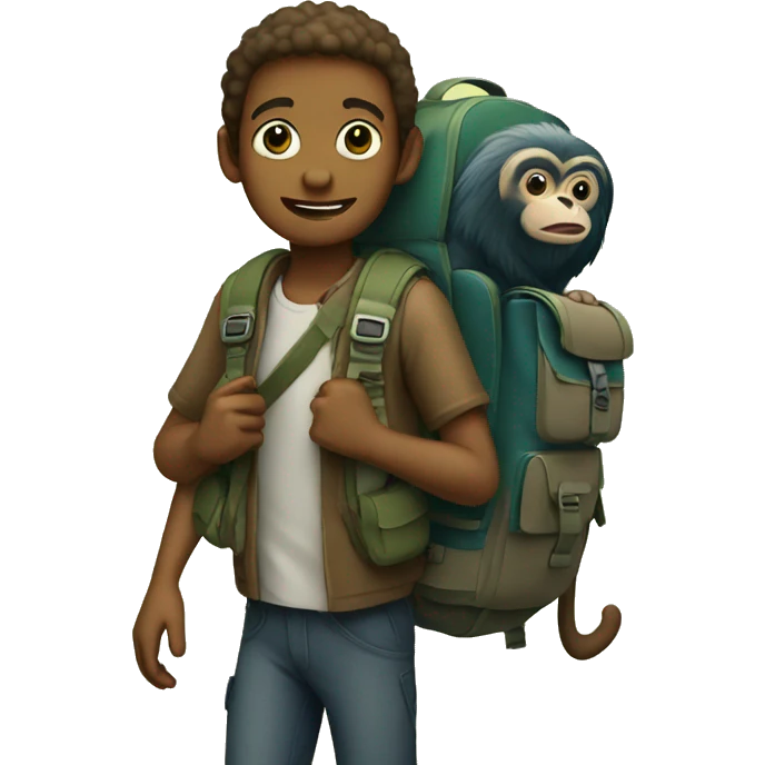 boy in nature with backpack monkey on arm emoji