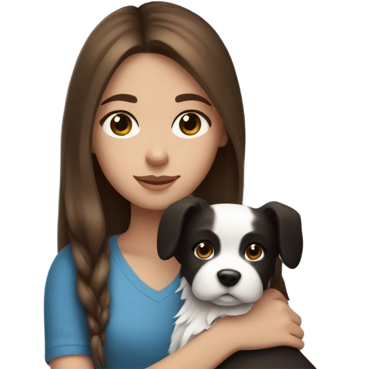 long brown hair girl with blue eyes cuddling a cute black and white dog emoji
