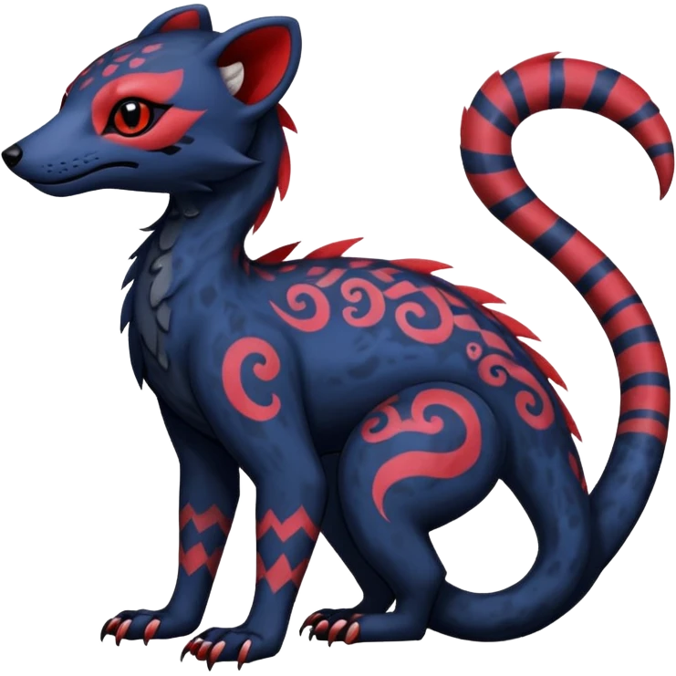 Rare warm-colored exotic gloomy tropical edgy cute epic aesthetic spooky indigo violet white black red gothic colorful Salandit-Salazzle-Civet-species-Fakemon-hybrid-creature, with tribal tattoo markings, full body emoji