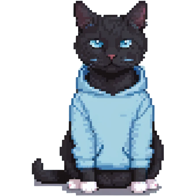 black and white cat wearing light blue sweatshirt emoji