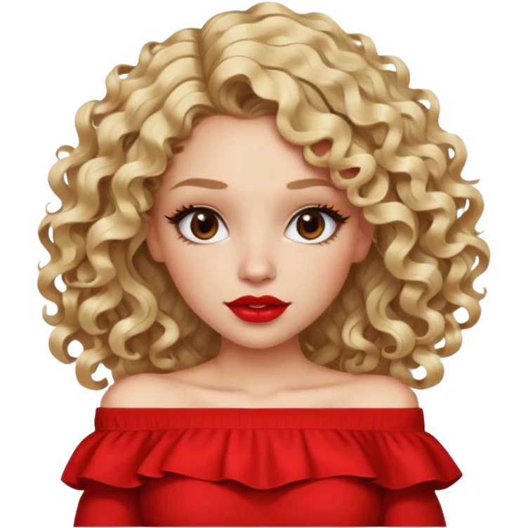 exaggerated features of woman with curly long blond hair, brown eyes, wearing an off-shoulder top,  emoji