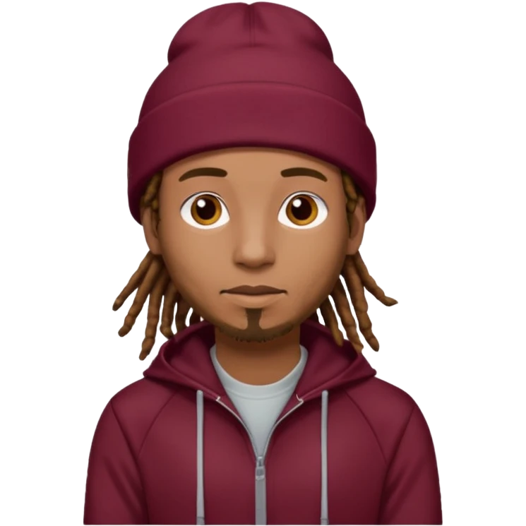 Animate a caramel skinned male with brown dreads and a tan colored  beanie with a burgundy tracksuit on with no beard  emoji