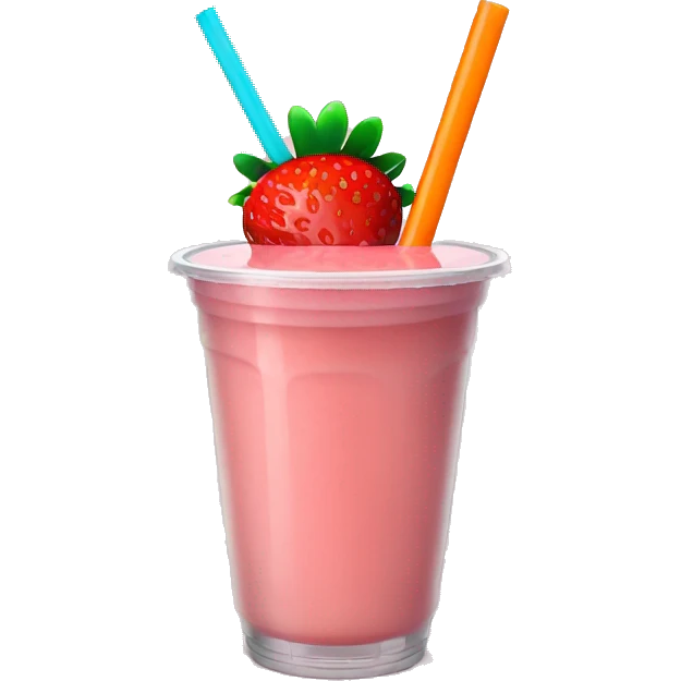 A strawberry banana smoothie with a (orange colored straw in a plastic cup) emoji