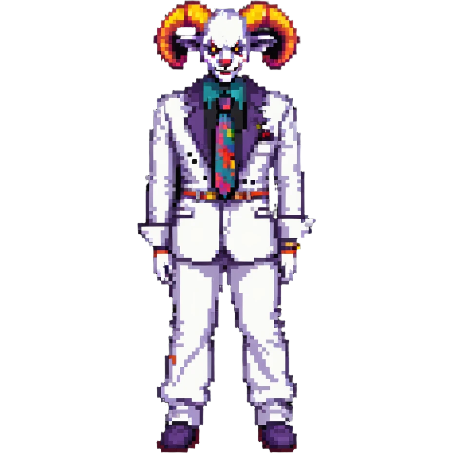 full-body demonic clown in a white leisure suit with bellbottom pants, bald, black ram horns, elevator shoes, flashy belt, ruffled shirt, colorful tie emoji