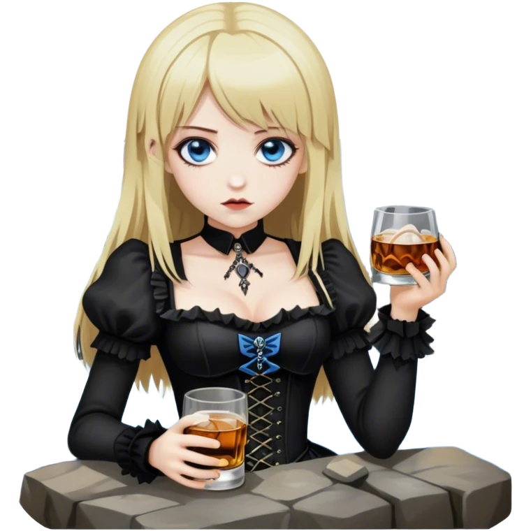 drunken misa from deathnote, blue eyes, gothic outfit, whiskey on the rocks emoji