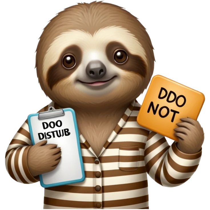 Sloth in pajamas holding a ‘Do Not Disturb’ sign emoji