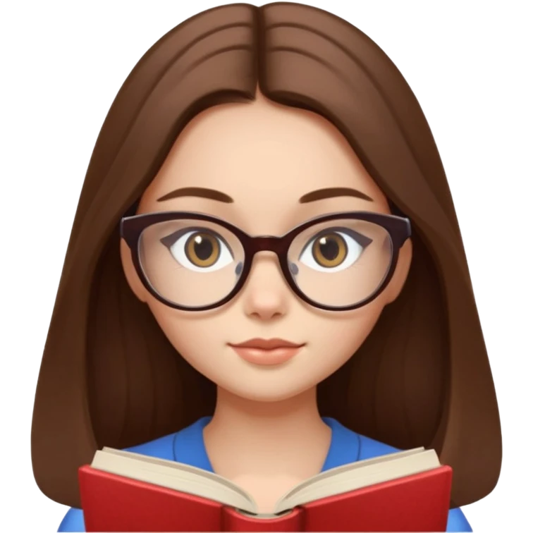 clean beautiful girl long brown hair, wear glasses cat eye, reading a book emoji