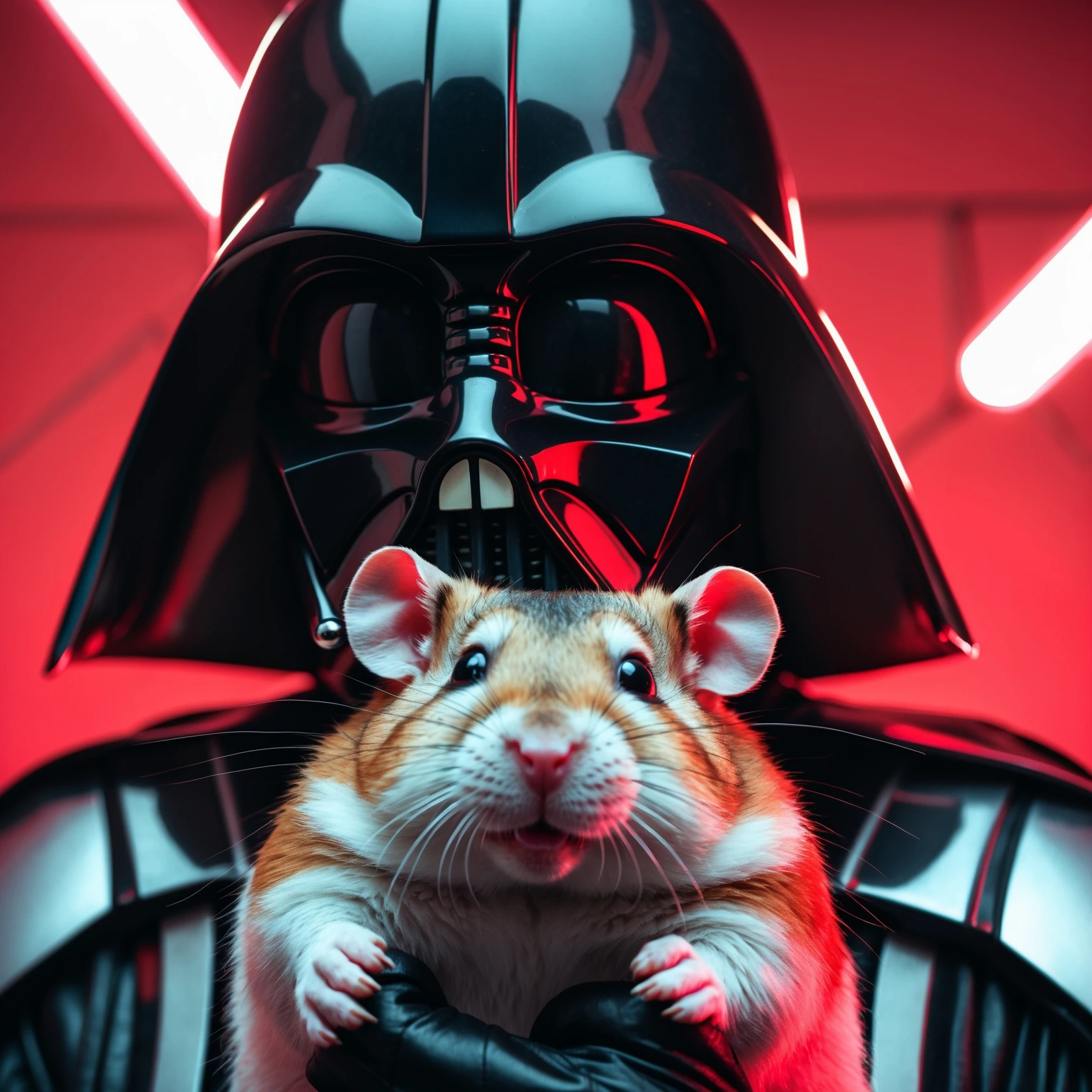 Extreme Closeup Photo of a darth vader holding big hamster, low key light, red solid background with leading lines, back light, spot light emoji