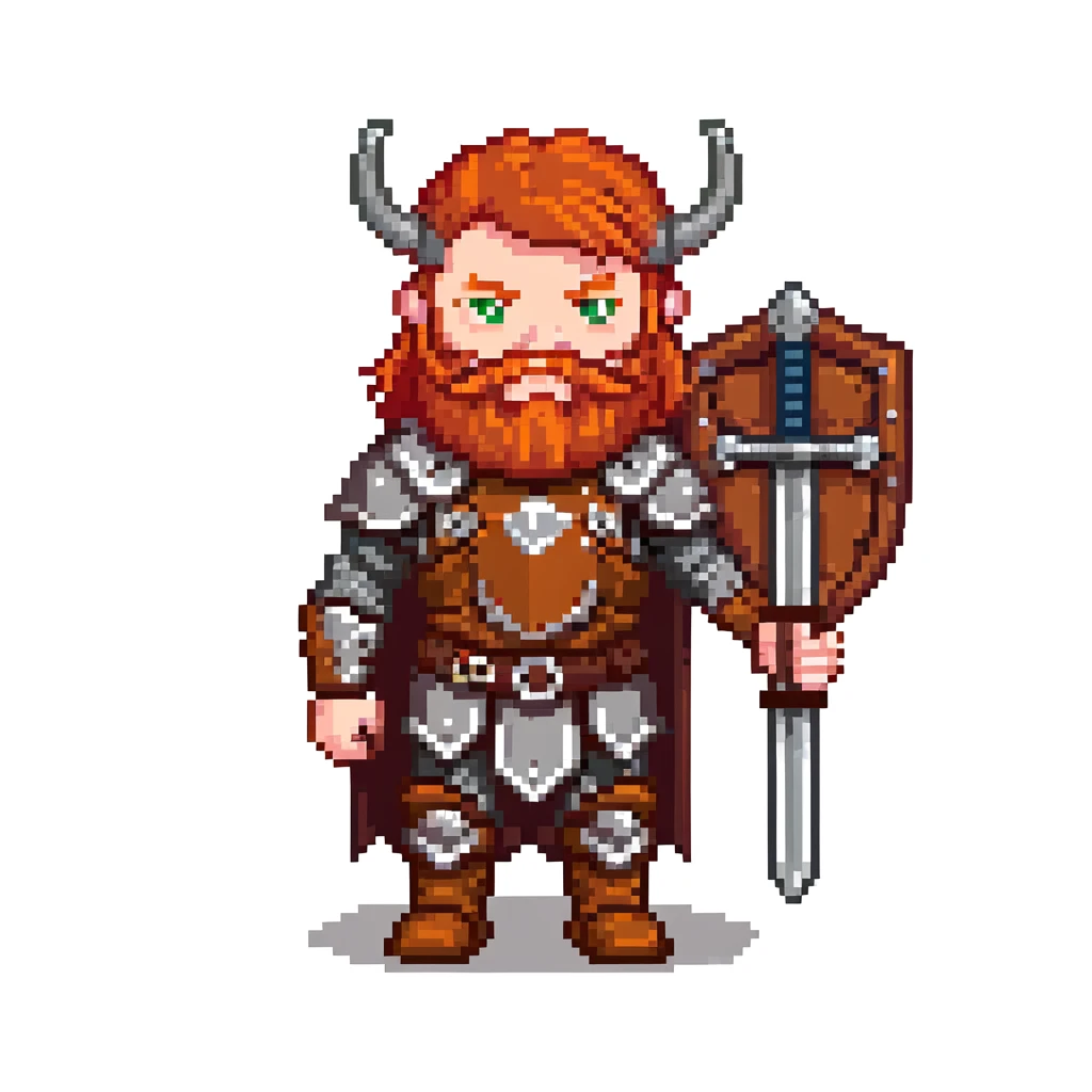 ginger viking with red hair and beard, leather and metal armor, shield and sword emoji