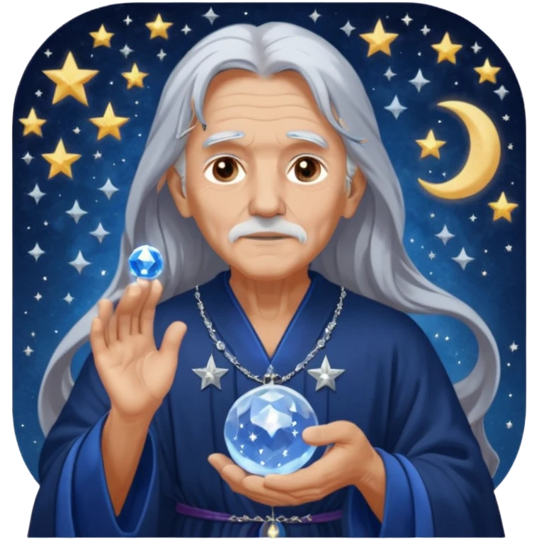 The Dream Interpreter will be depicted as an elderly figure with long, silver hair and a piercing gaze.  He will be dressed in a long, dark blue robe, decorated with embroidered stars and moons.  🌟 He will hold a crystal ball 🔮 in his hand, in which hazy images of dreams can be seen emoji