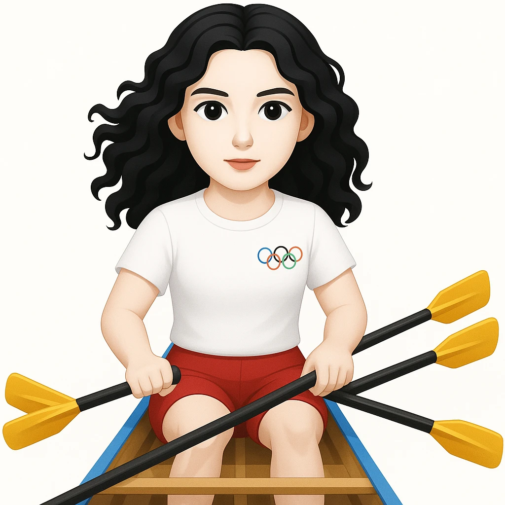 Kızın tenini daha beyaz yap, siyah uzun dalgalı saçlı, kırmızı şort ve beyaz kısa kollu tişörtle olimpik kürek sporu yapıyor emoji