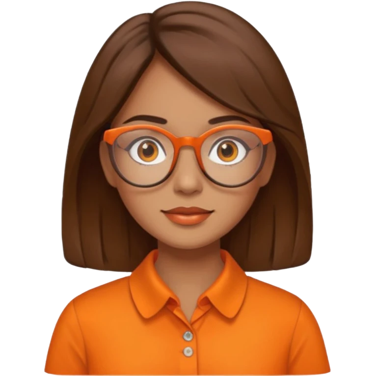 hispanic woman with  brown hair,  orange sectacles and orange blouse  with a collar emoji