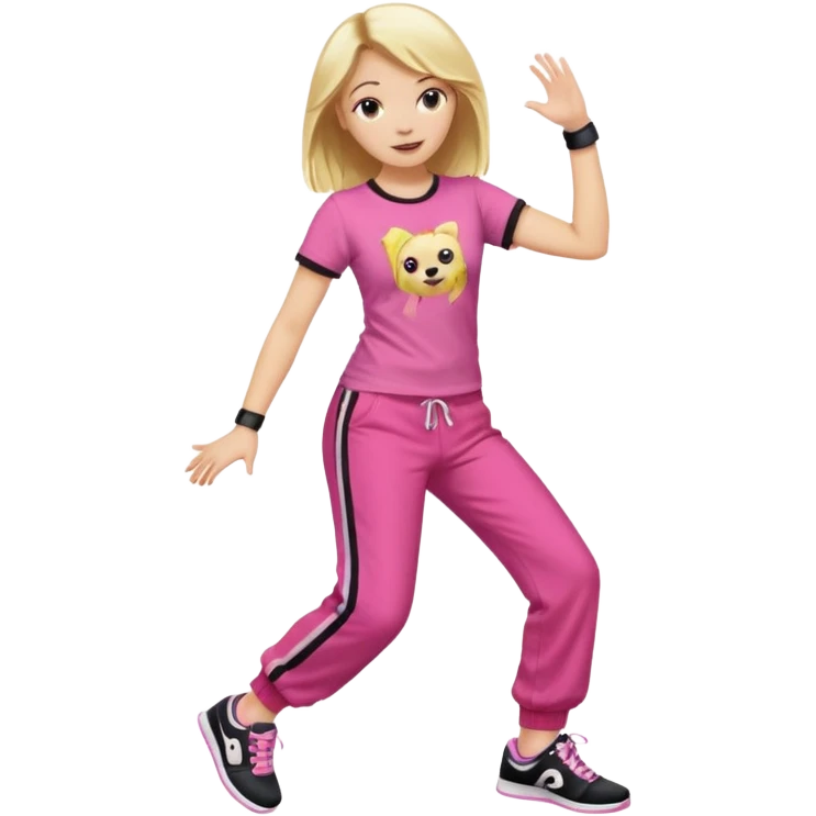 Hiphop dancer, with cute big pants, sneakers, and t-shirt. White girl blond. Coloufull shirt. No pocket pants. Dancing. Pink and black plain outfit. No sweatbands on the wrist, black music box behind her. emoji