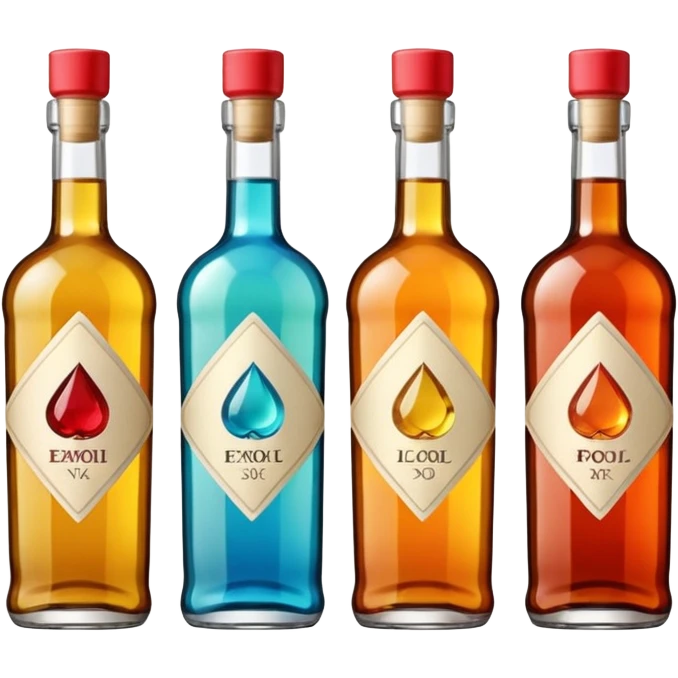 Four bottles of alcohol, each with distinct shapes and labels, arranged neatly in a row. The bottles should vary in color and size, with detailed labels and caps. emoji