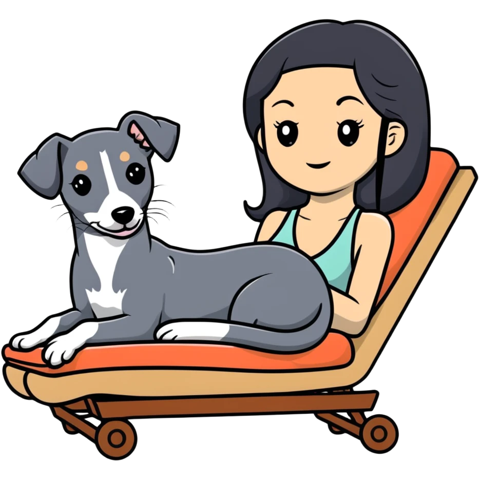 Very thin Chinese woman with long black hair relaxing on a spa lounger with exactly ONE Italian greyhound. CRITICAL REQUIREMENT: the dog must be ONE SOLID VERY DARK CHARCOAL GREY (almost black-grey) COLOR from nose to tail with NO WHITE or LIGHT AREAS anywhere - NO white face, NO white muzzle, NO white chest, NO white paws, NO white tail tip - NOTHING BUT A SINGLE SHADE OF VERY DARK GREY throughout the entire animal emoji