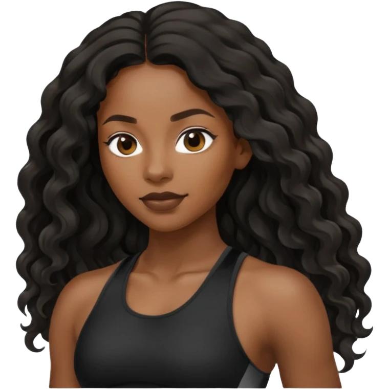 Femme noire avec cheveux longs ondulés qui fait du sport en tenue noire emoji