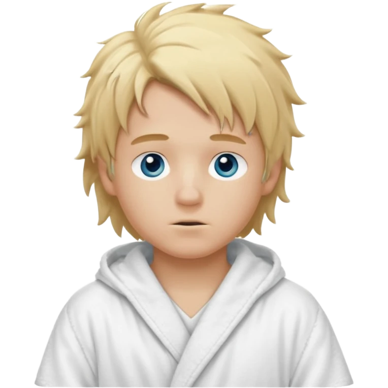 Create a blond boy with long, messy hair, light eyes, a white t-shirt, long hair, blue eyes, medium length, voluminous, wearing a white Nike bathrobe and a little blush near his nose. He also wears a balaclava, the kind a gangster balaclava wears, covering his entire face, and make him cute. emoji