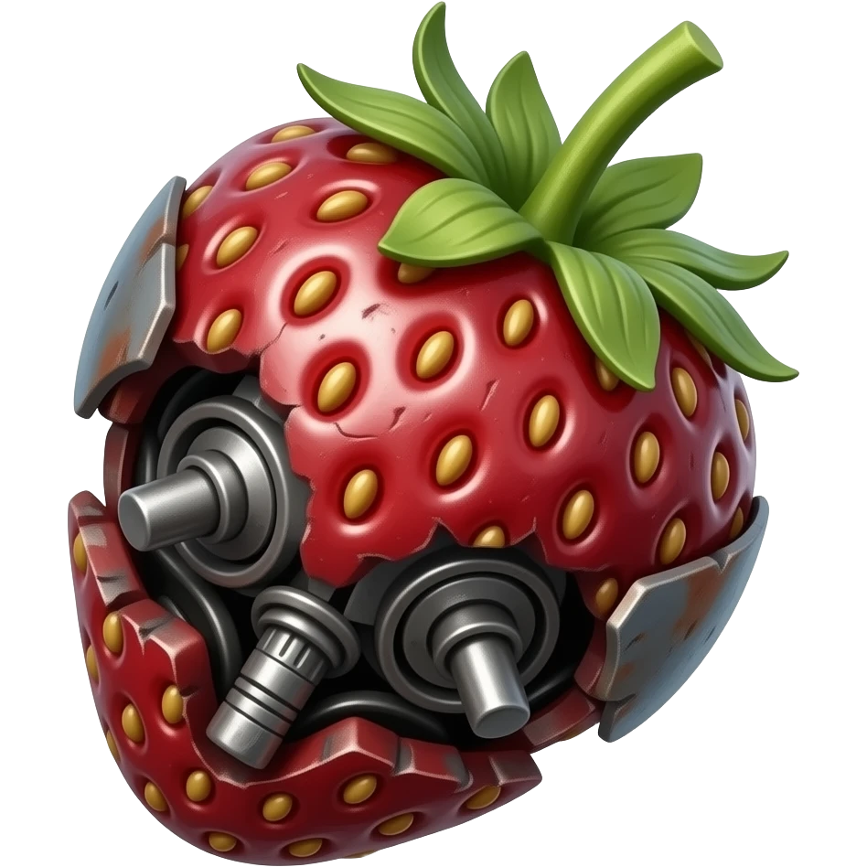 cinematic - rusty broken mechanical strawberry emoji