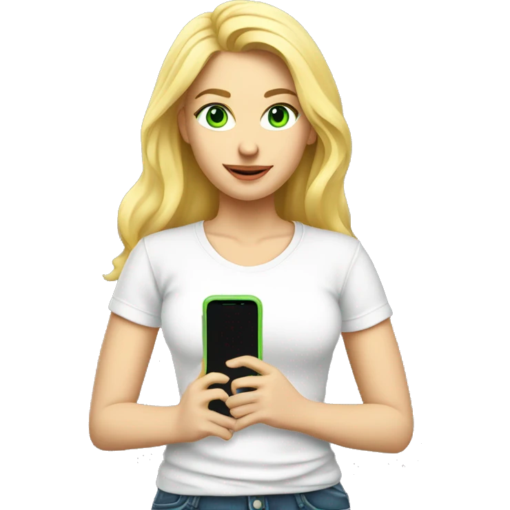 blonde woman, fair skin, green eyes, cell phone in hand, full body, t-shirt white emoji