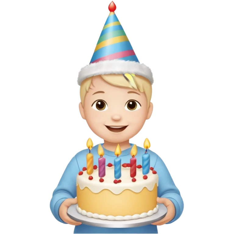 cute baby wearing birthday hat with birthday cake emoji