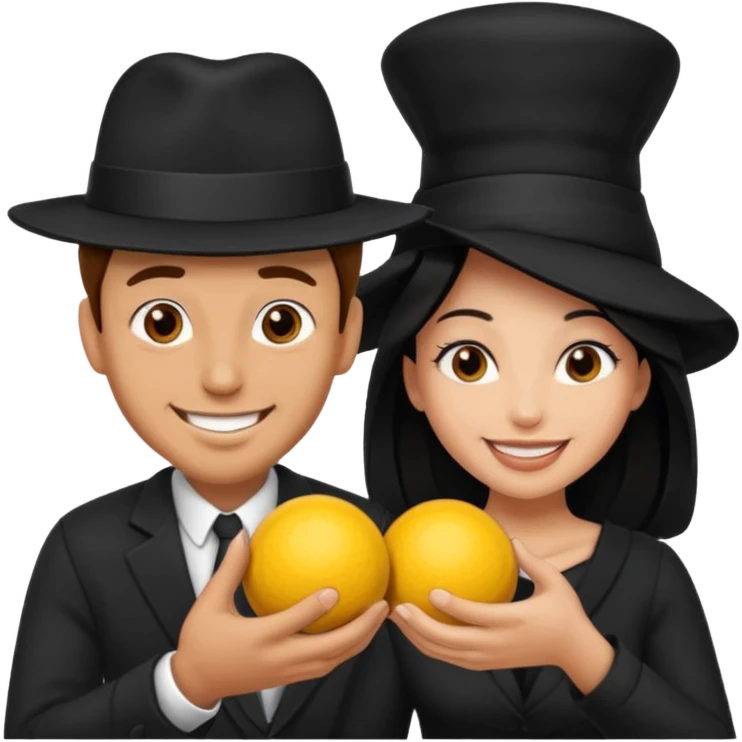 Man wearing black hat smiling superstitious woman squeezing his balls emoji