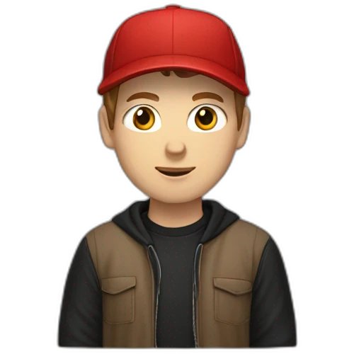 white guy with a red baseball cap reversed, brown hair, short hair, and a black hoodie,  emoji