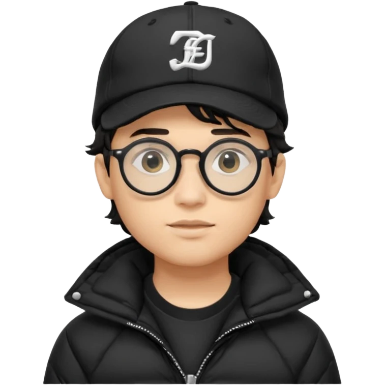 Young man wearing a black puffer jacket, black baseball cap with a small logo, round black glasses, wavy hair peeking out from under the  emoji