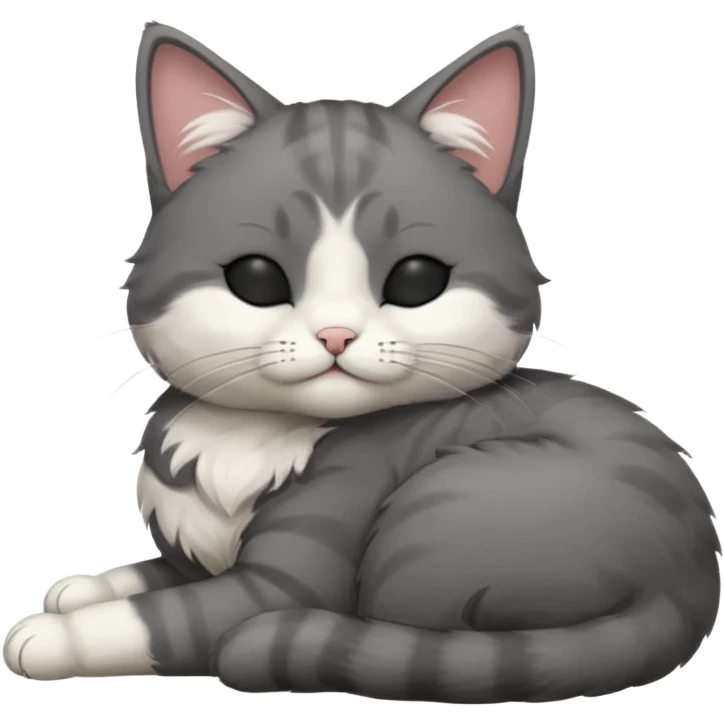 dark grey and white small cat with closed eyes, leaning his head on his paw while leaning on his elbow lying down emoji