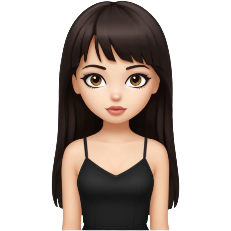 generate a pretty bratz girl in black cami top, dark brown straight long hair with bangs, eyeliner on. dark brown eyes emoji