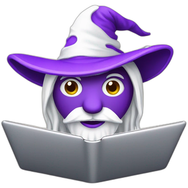 white magician with a purple magic hat working on a macbook emoji