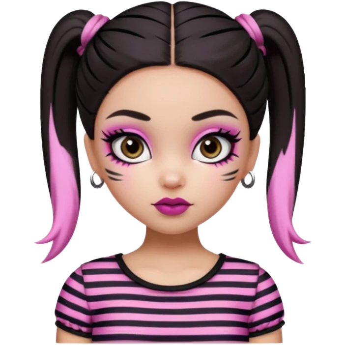 generate a pretty fair bratz girl with dark brown eyes. Dark brown hair straight hair with pink highlights tied into buns.  eyeliner. black lipstick. Black and white striped top.  emoji