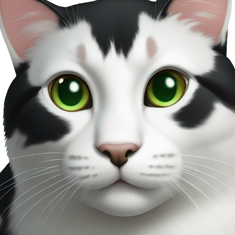 A black cat with green eyes with a white chin, with a thin white stripe on the nose on the right side, with a white breast and white paws emoji