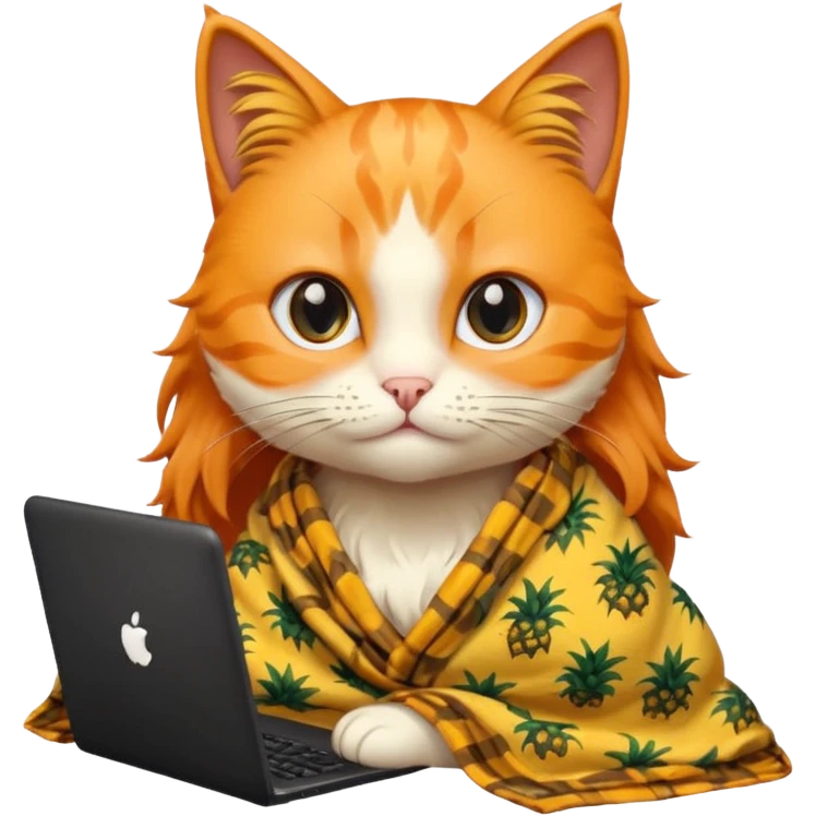 An orange female cat with a computer, with long eyelashes and black wavy hair,
She wears a blanket with pineapple patterns on her body, There's no pineapple emoji