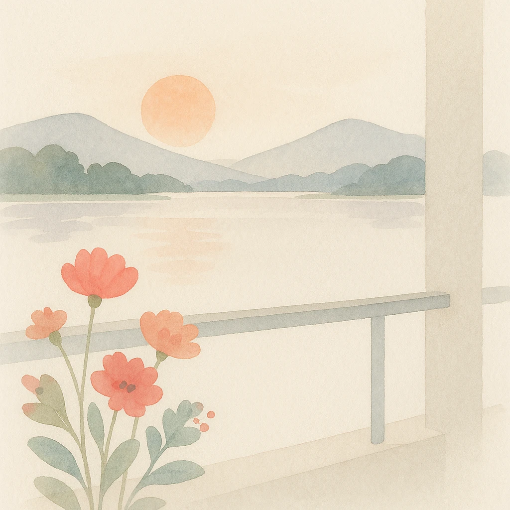 soft watercolor illustration in a minimalist modern style of a perfect sunset view from a hotel balcony overlooking peaceful Xuan Huong Lake with beautiful flowers blooming in the foreground and mountains in the background, pastel colors, delicate linework, gentle whimsical mood, minimal soft shading emoji